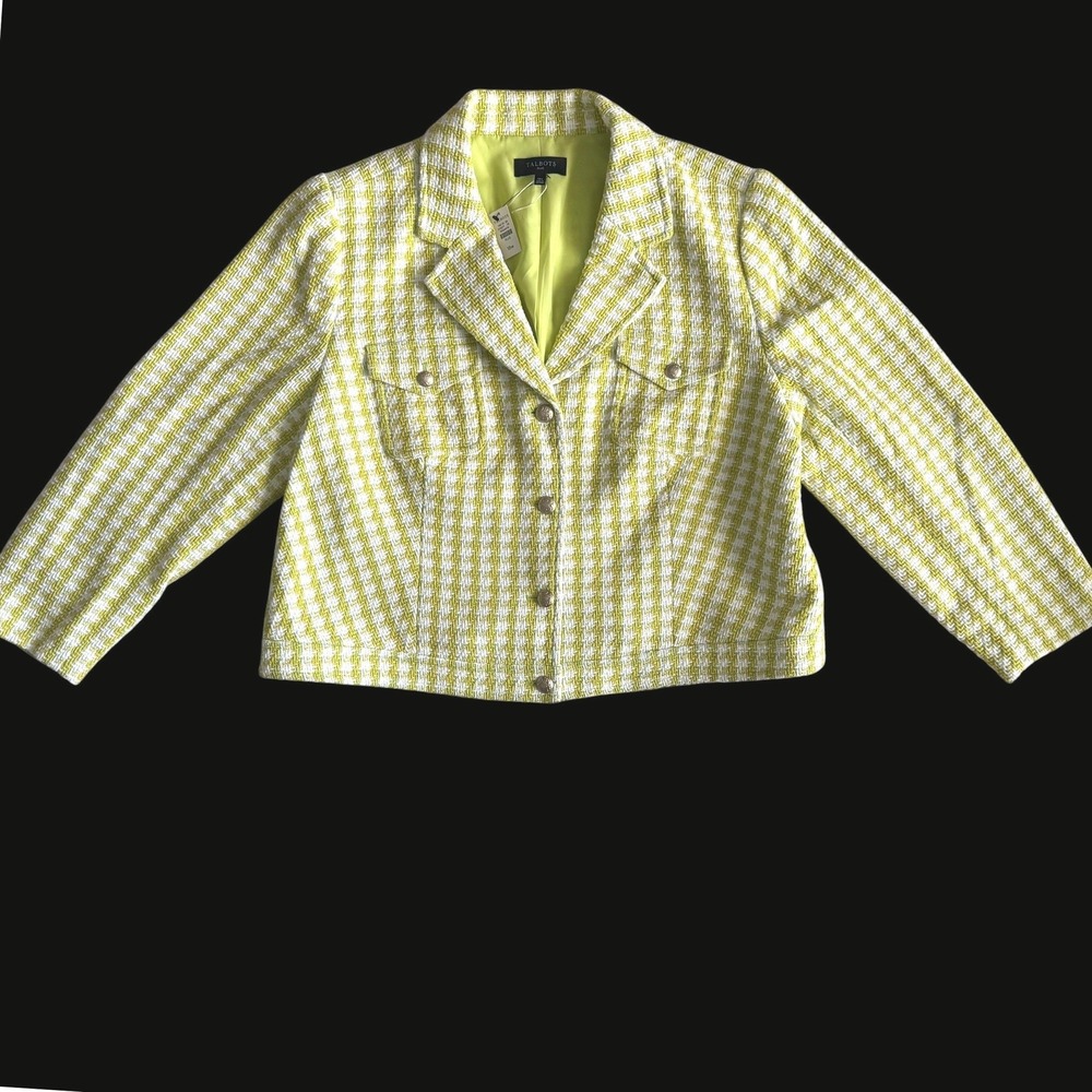 Talbots Plus 18w Lime Green NWT Houndstooth Tweed Jacket Cotton Blazer preppy